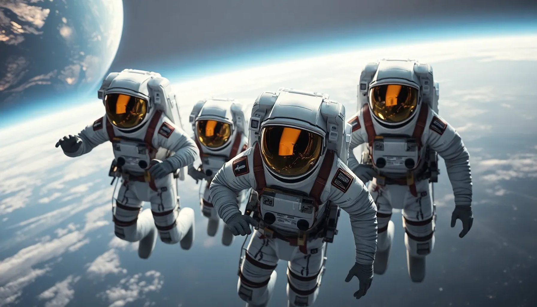 Astronautas de la misión Artemis 2 flotando frente a la Tierra desde la órbita lunar