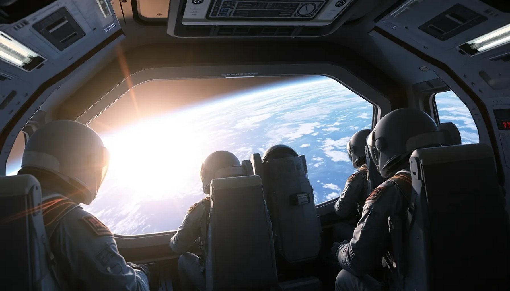 Astronautas de Artemis II dentro de la nave Orion observando la Tierra mientras realizan la quemadura de motor que los envía a la Luna