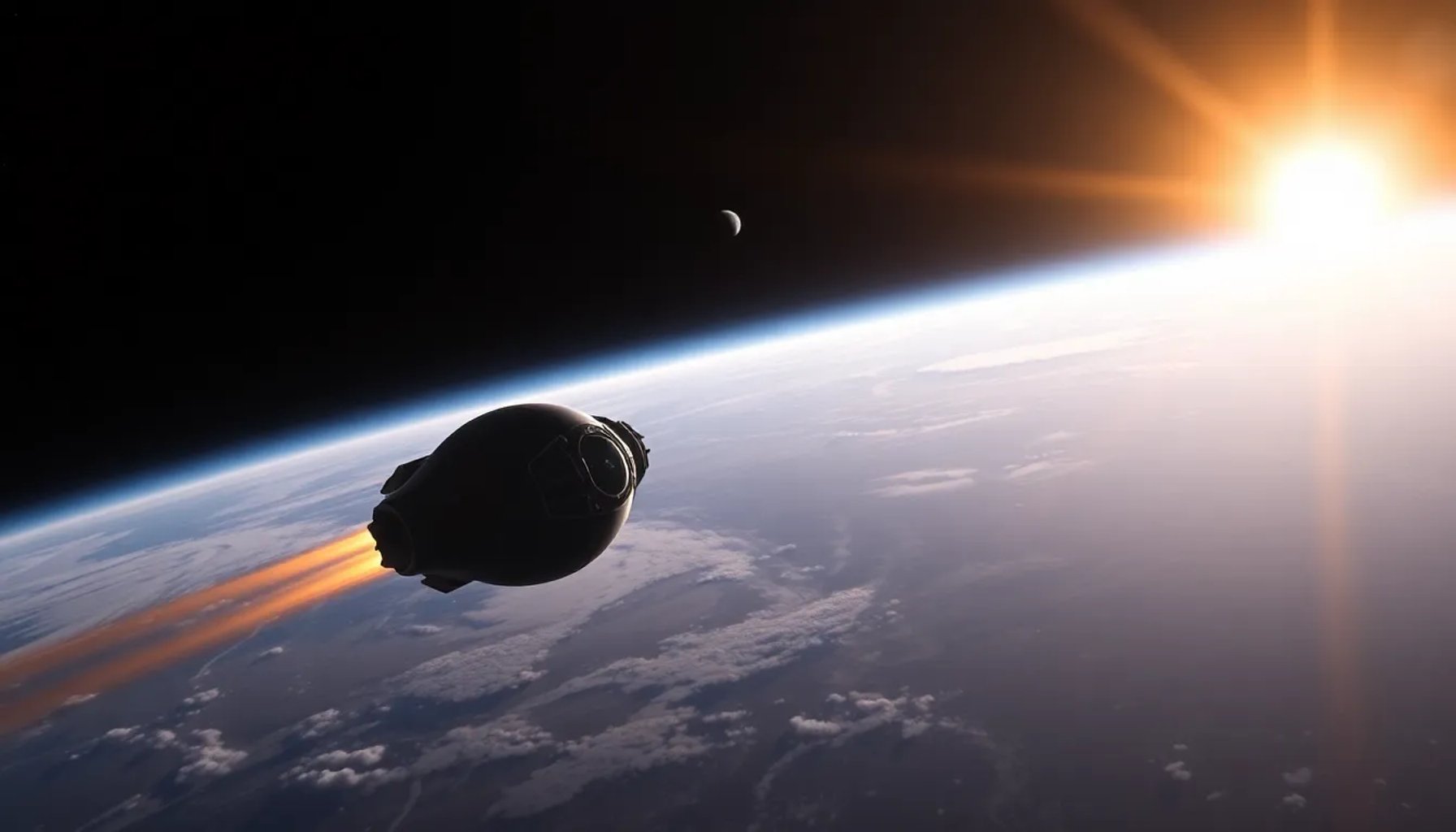 Nave Orión en el espacio con la Tierra de fondo, tras la inyección translunar hacia la Luna