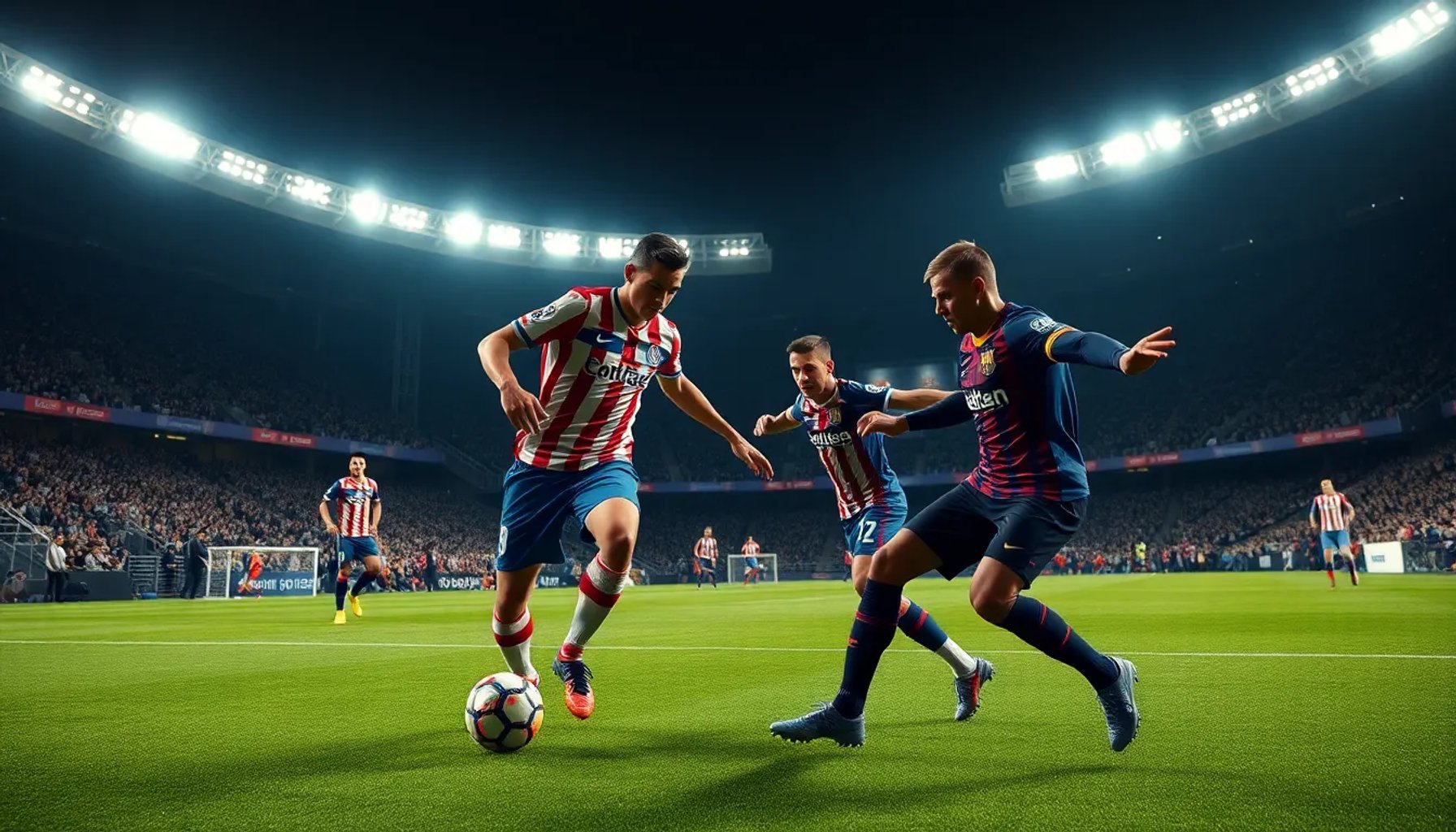 Jugadores del Atlético de Madrid y Barcelona disputando el balón en el Metropolitano durante la Champions League 2026