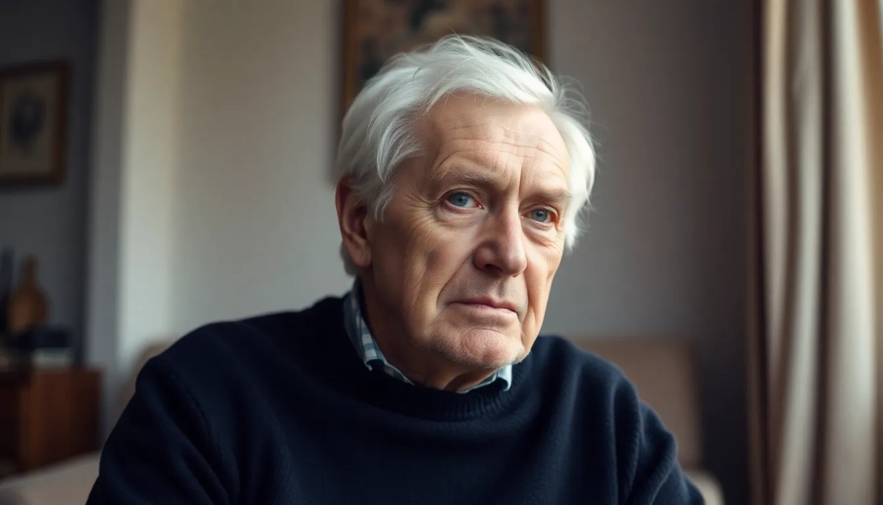 Jordi Pujol anciano mirando hacia un lado en interior iluminado, expresión serena y distante