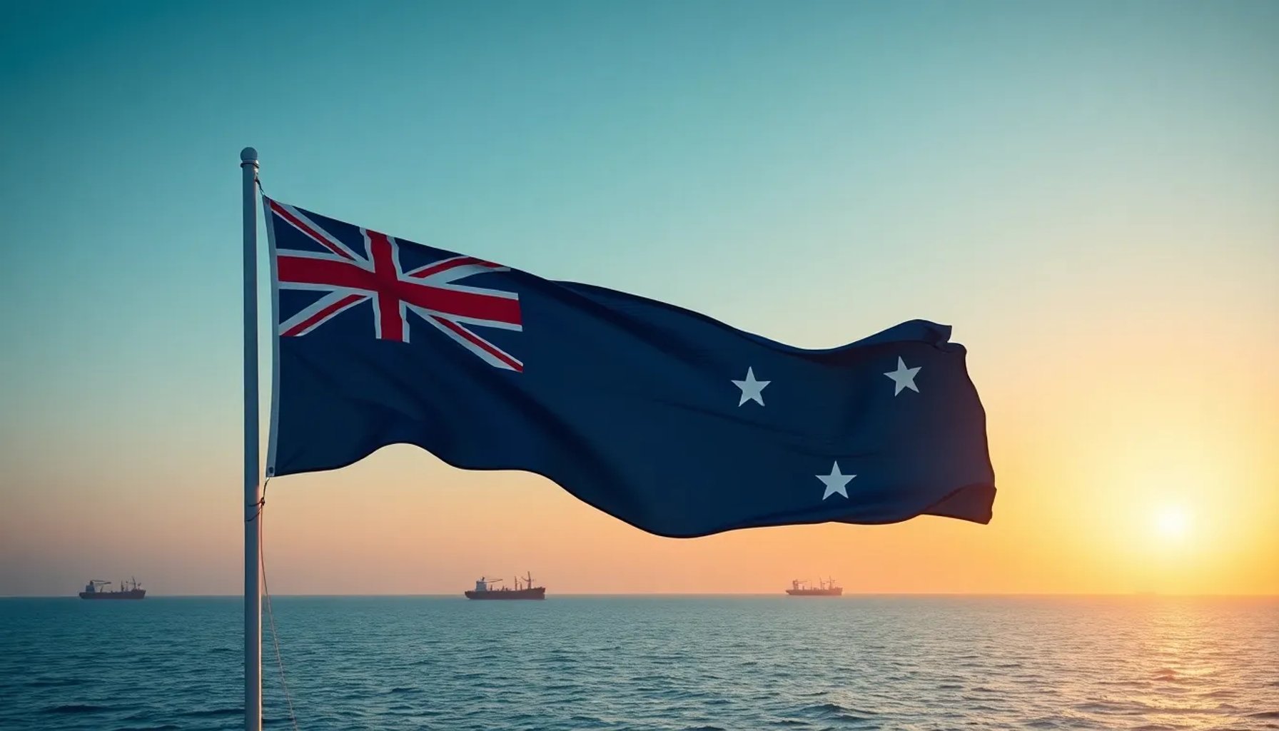 Bandera australiana sobre el mar del Golfo Pérsico, simbolizando su compromiso con la libre navegación en el estrecho de Ormuz