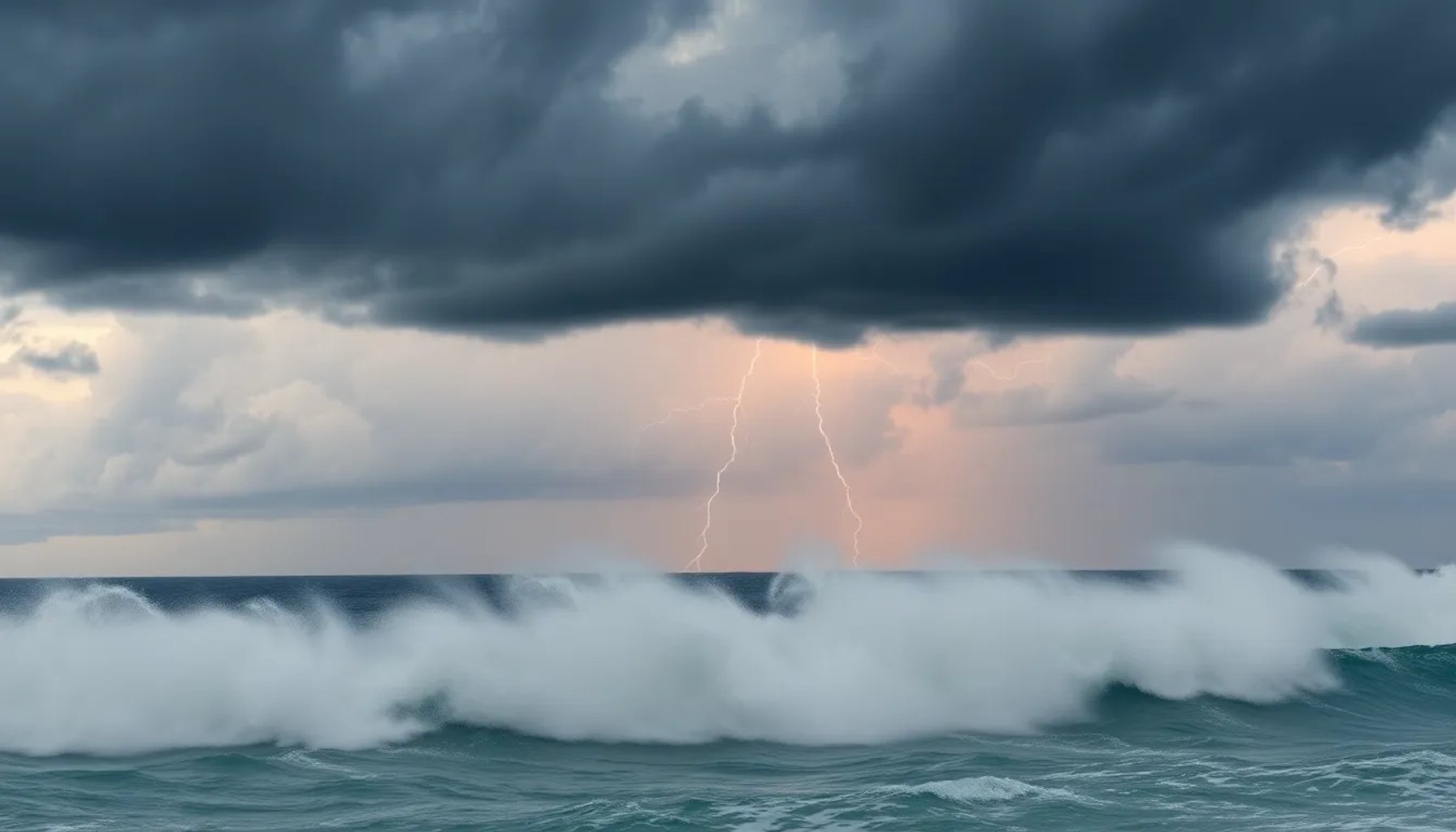 Imagen de nubes oscuras y relámpagos sobre el litoral mediterráneo de Almería, con el mar agitado