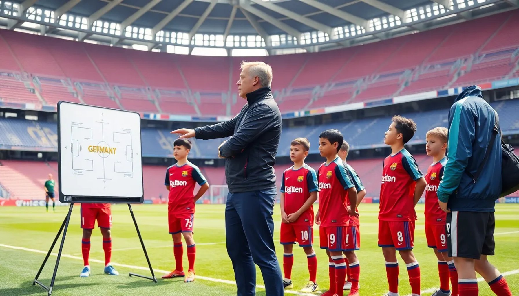 Entrenador Flick dirigiendo una sesión táctica en el Camp Nou, rodeado de jugadores del FC Barcelona