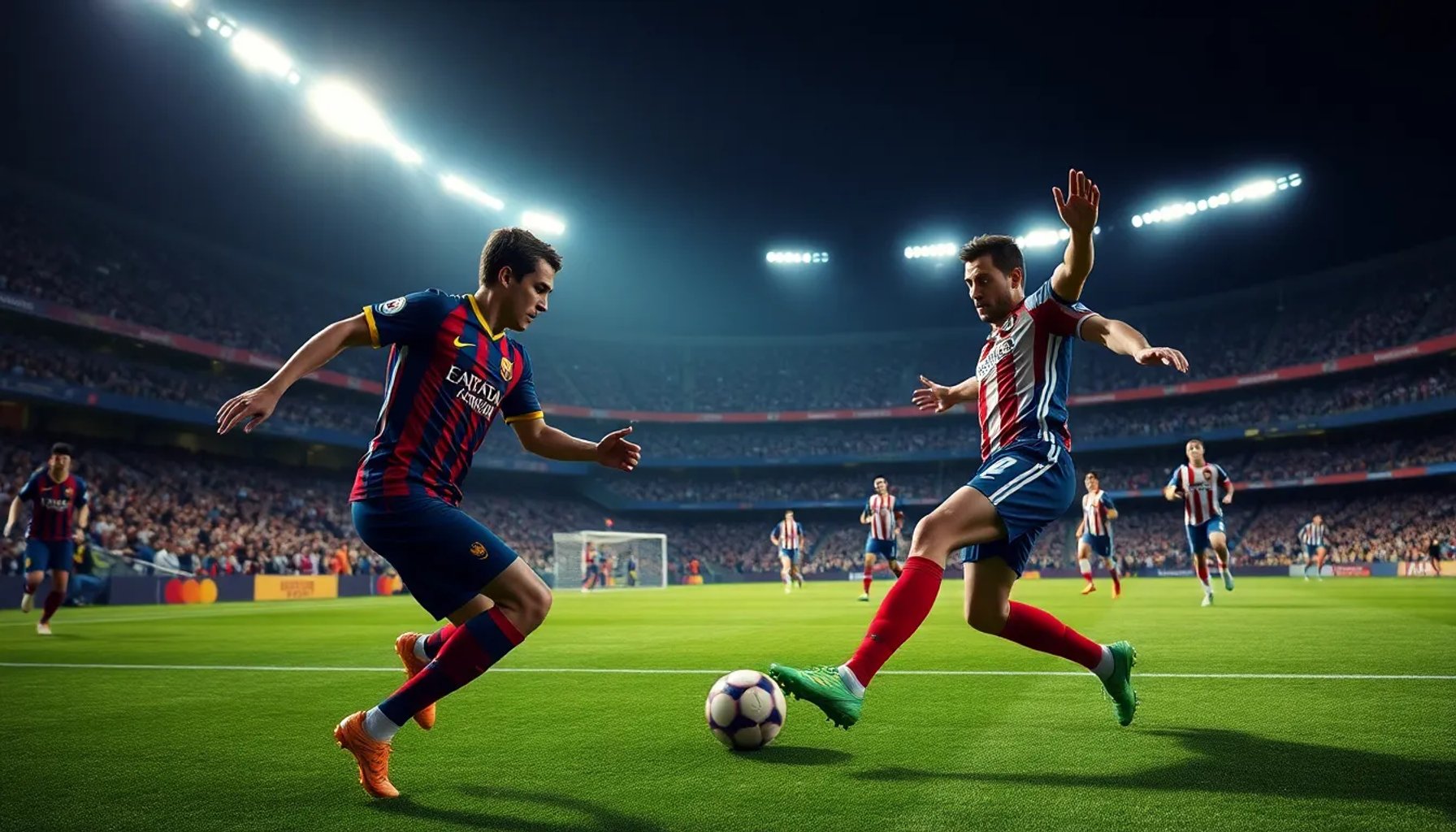 Jugadores del Barcelona y Atlético Madrid disputando el balón bajo luces del Camp Nou