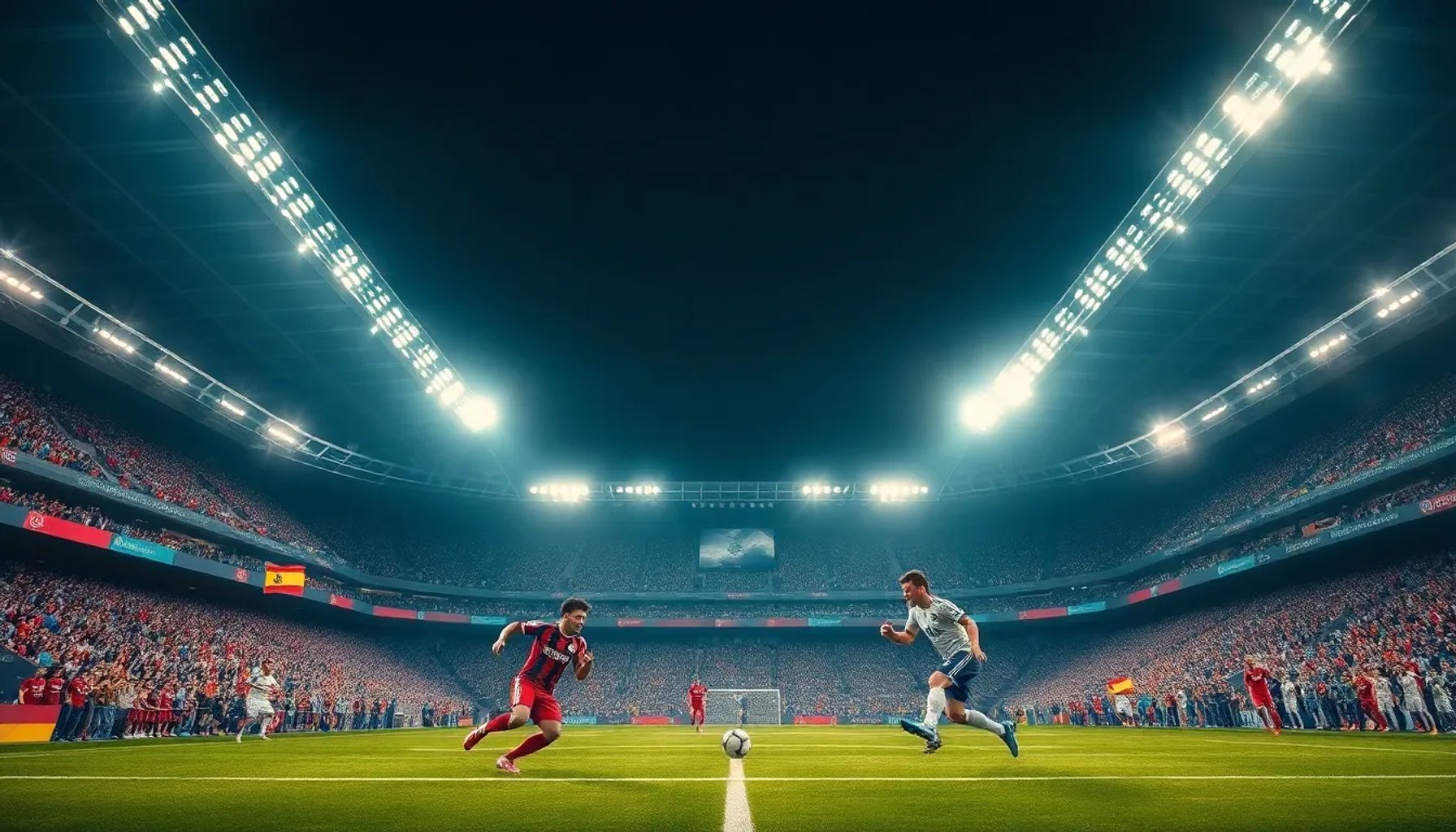 Bayern Munich y Real Madrid enfrentándose bajo luces de estadio, con banderas de Alemania y España ondeando.