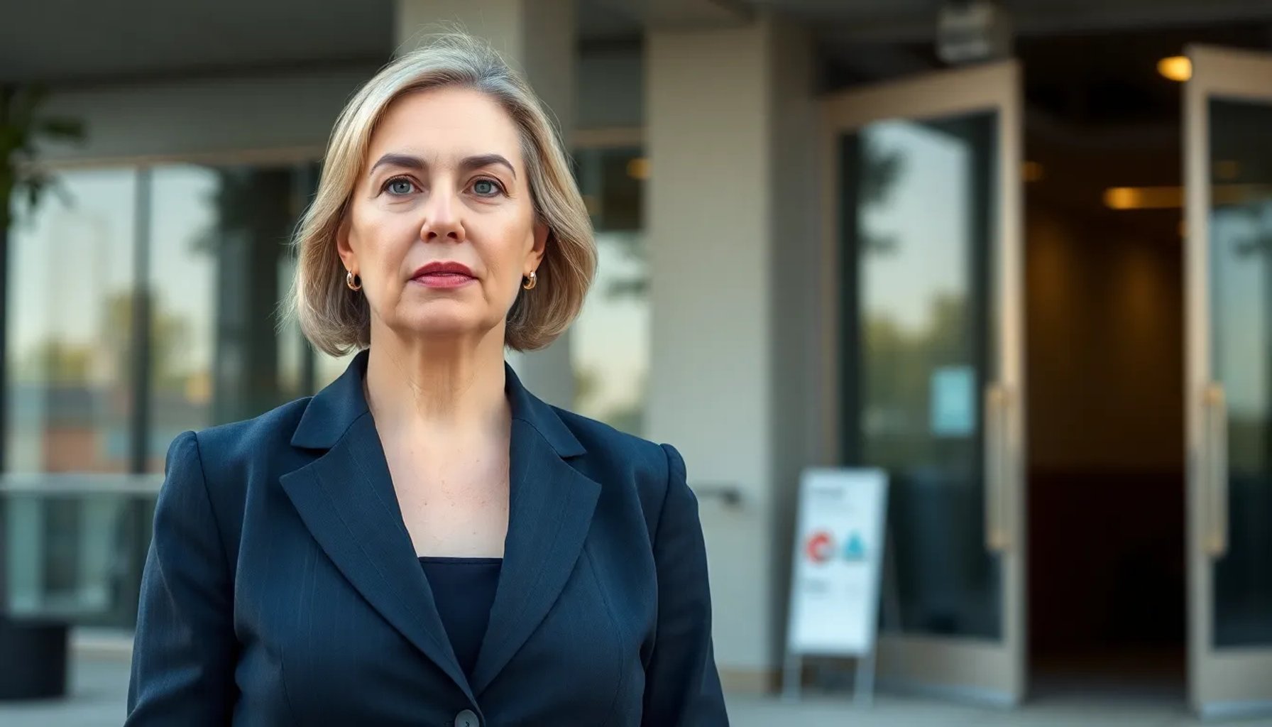 Begoña Gómez frente al juzgado, con expresión seria y vestida de traje formal