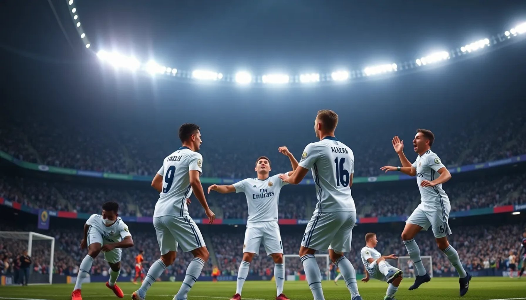 Jugadores del Real Madrid celebran el gol contra el Betis en el Estadio Benito Villamarín, con el público animado de fondo