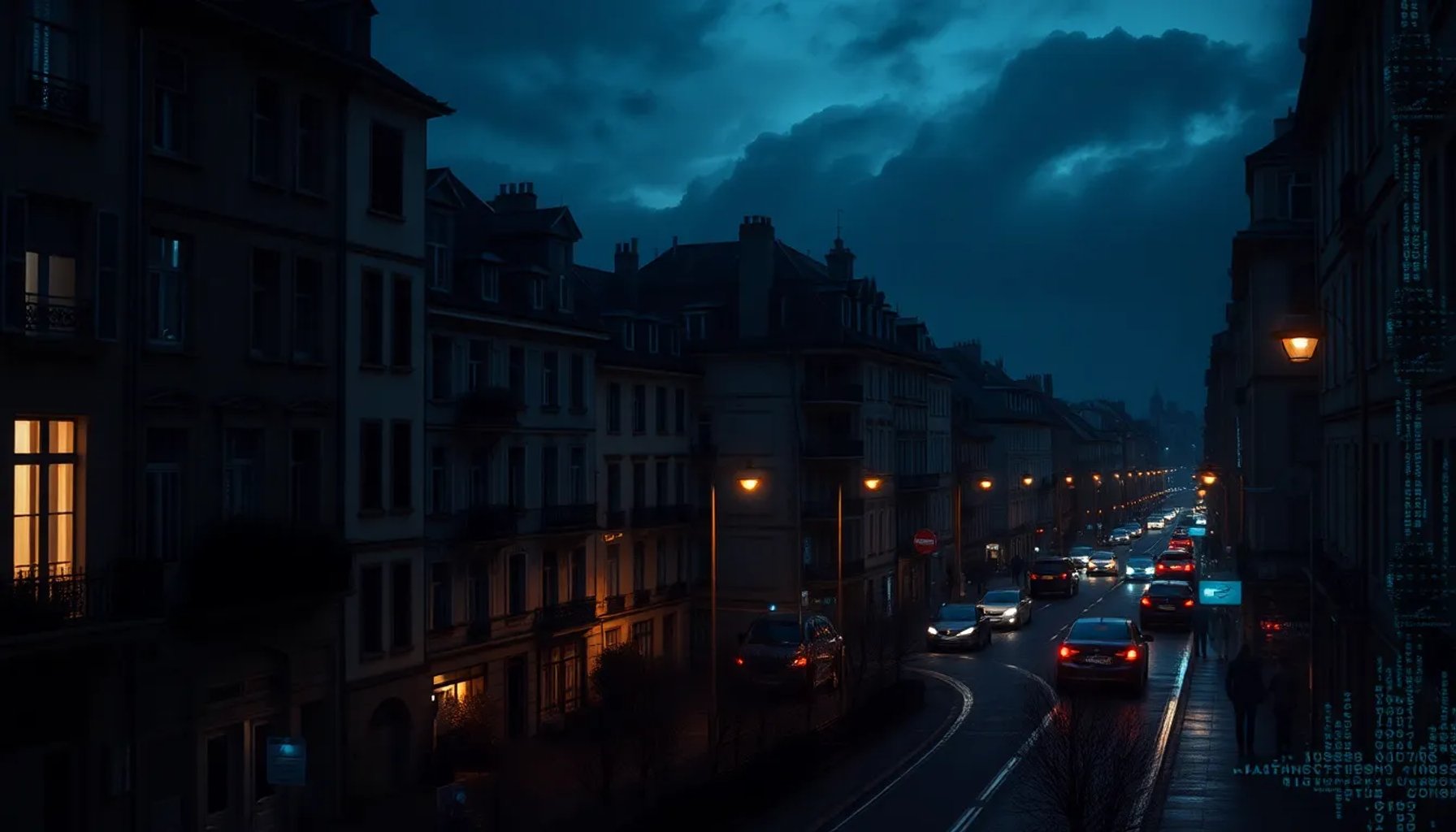 Representación artística de una red eléctrica europea bajo amenaza cibernética con símbolos de China de fondo