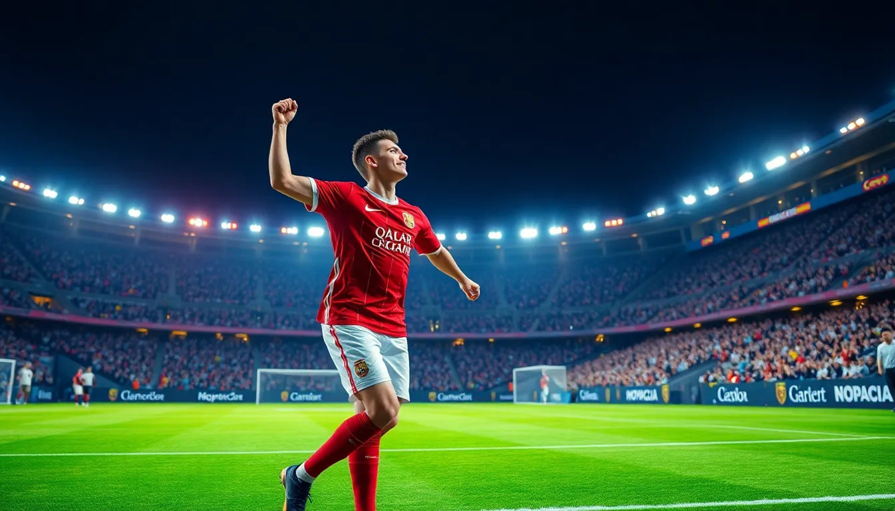 Jugadores del Cádiz CF Mirandilla celebrando el gol de Rayo frente al estadio iluminado en la jornada 29