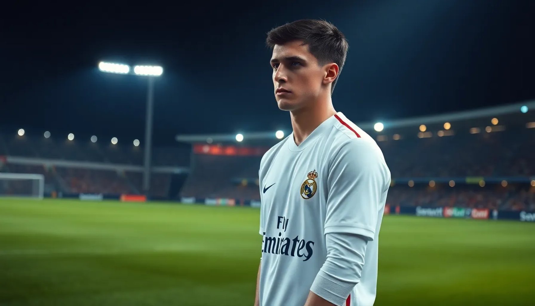 Eduardo Camavinga levantando la cabeza después de recibir la tarjeta roja en el Allianz Arena, con el estadio iluminado de fondo