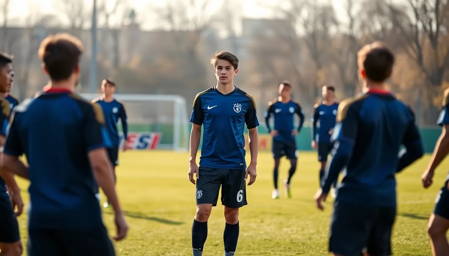 Eduardo Camavinga en el campo de entrenamiento del Mallorca, detenido en el rondo, con expresión concentrada y brazos ligeramente extendidos bajo la luz de la mañana