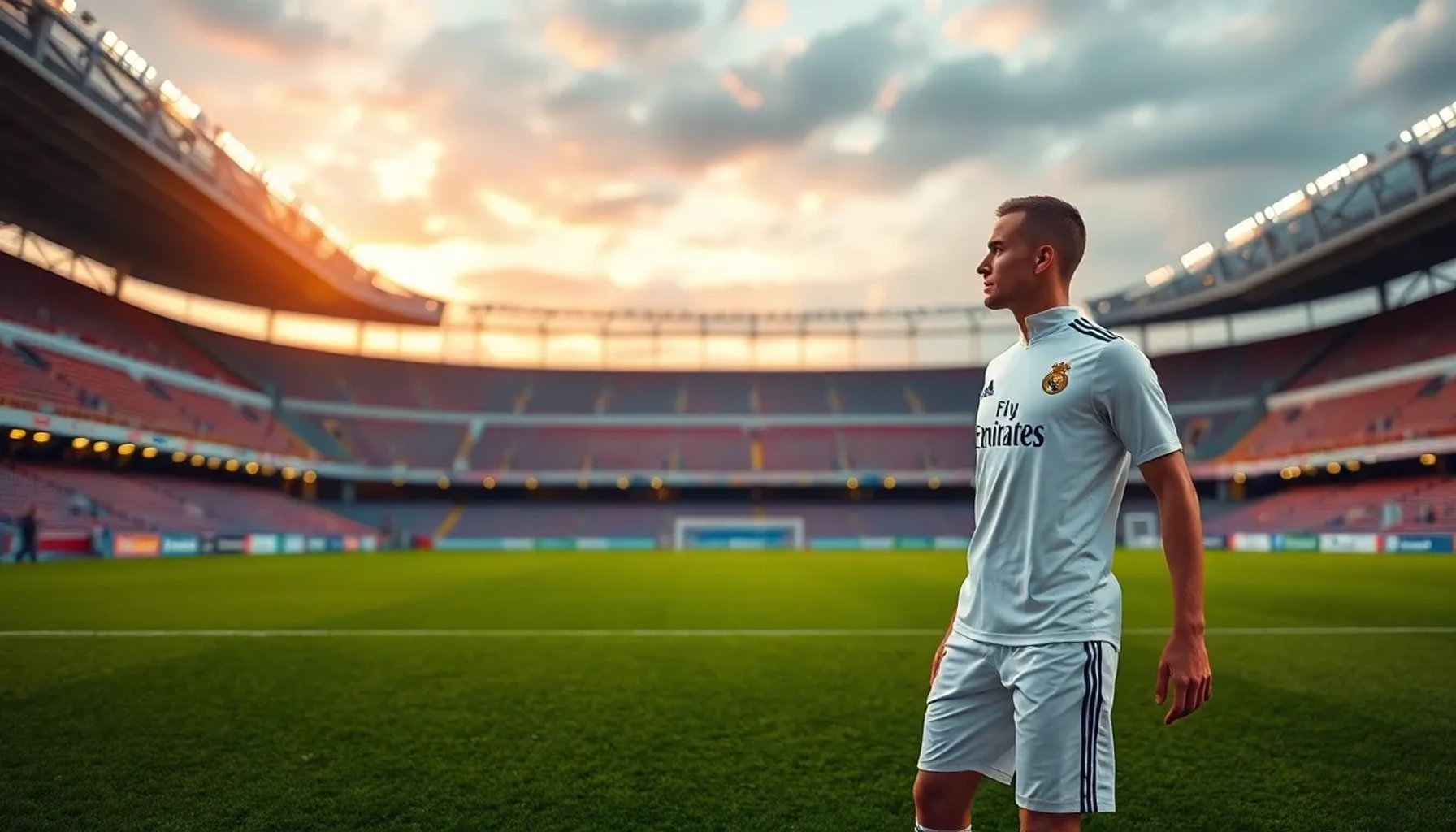 Eduardo Camavinga entrenando solo en el campo del Real Madrid, mirando al horizonte con expresión pensativa