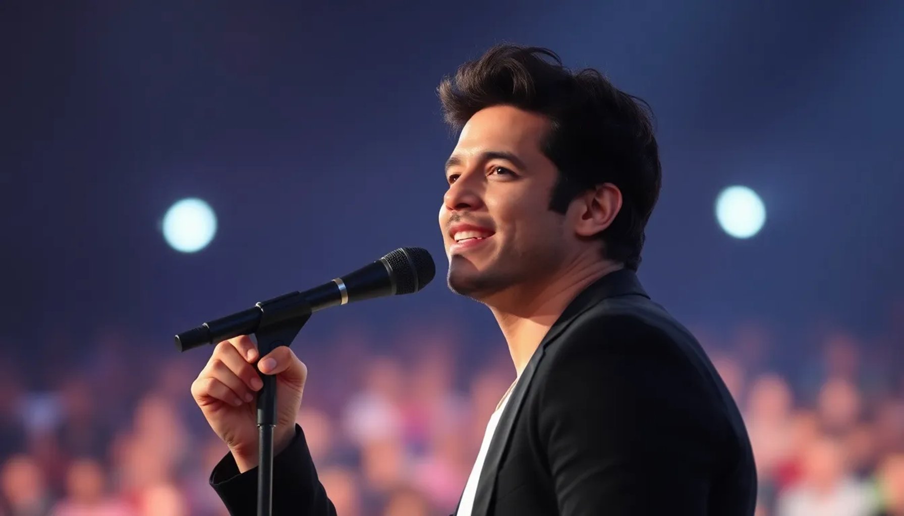 Carlos Baute en el escenario con micrófono mientras Delcy Rodríguez observa