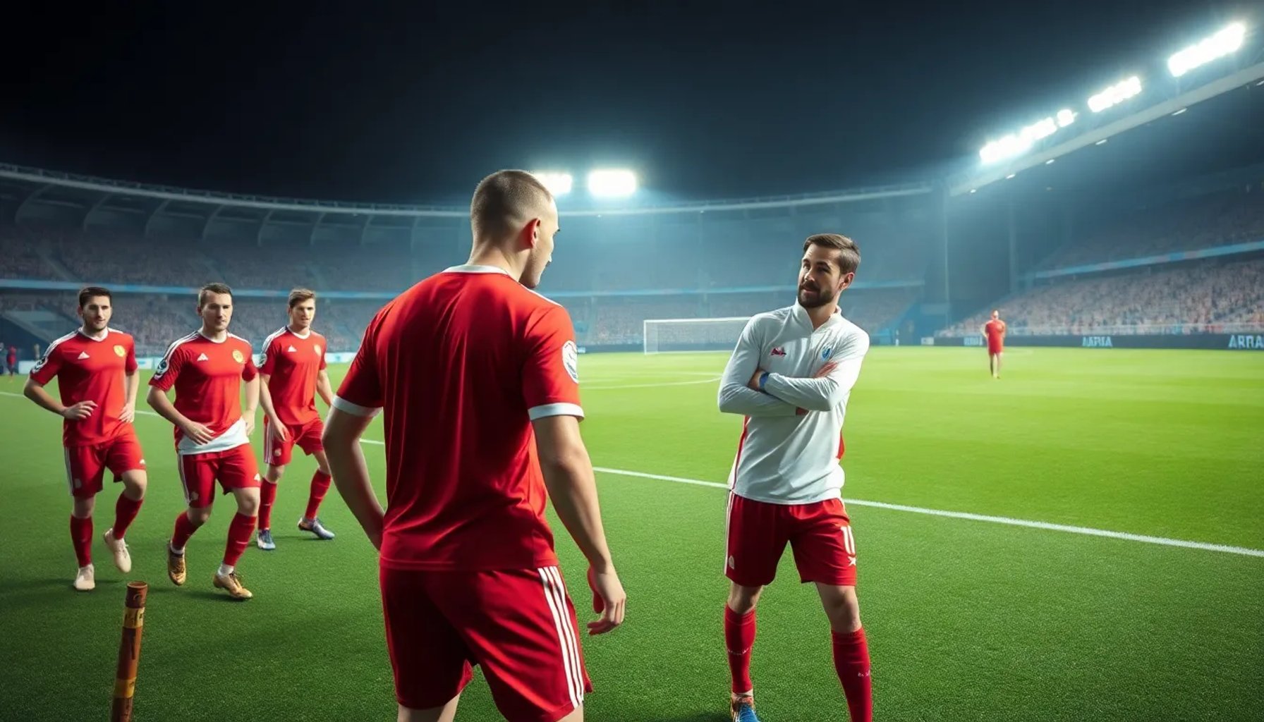 Jugadores del CD Mirandés entrenando en el campo bajo el sol de la tarde