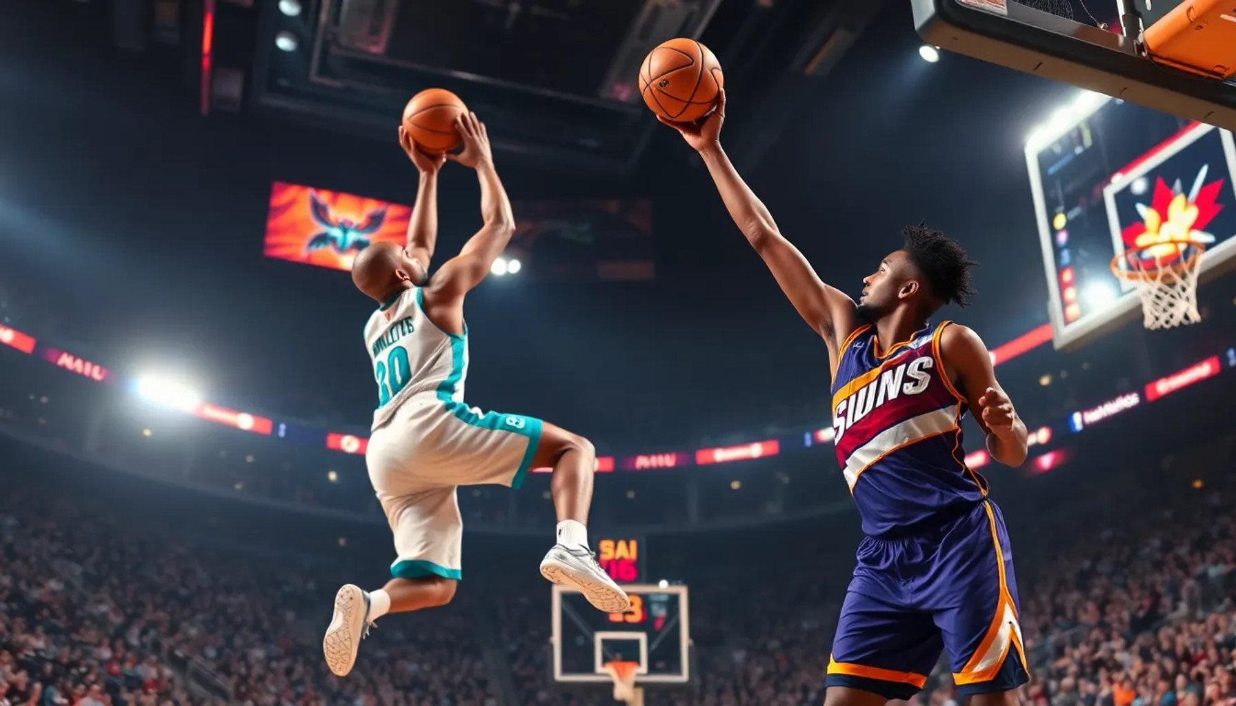 Jugadores de los Charlotte Hornets y Phoenix Suns disputando un rebote bajo las luces del Spectrum Center