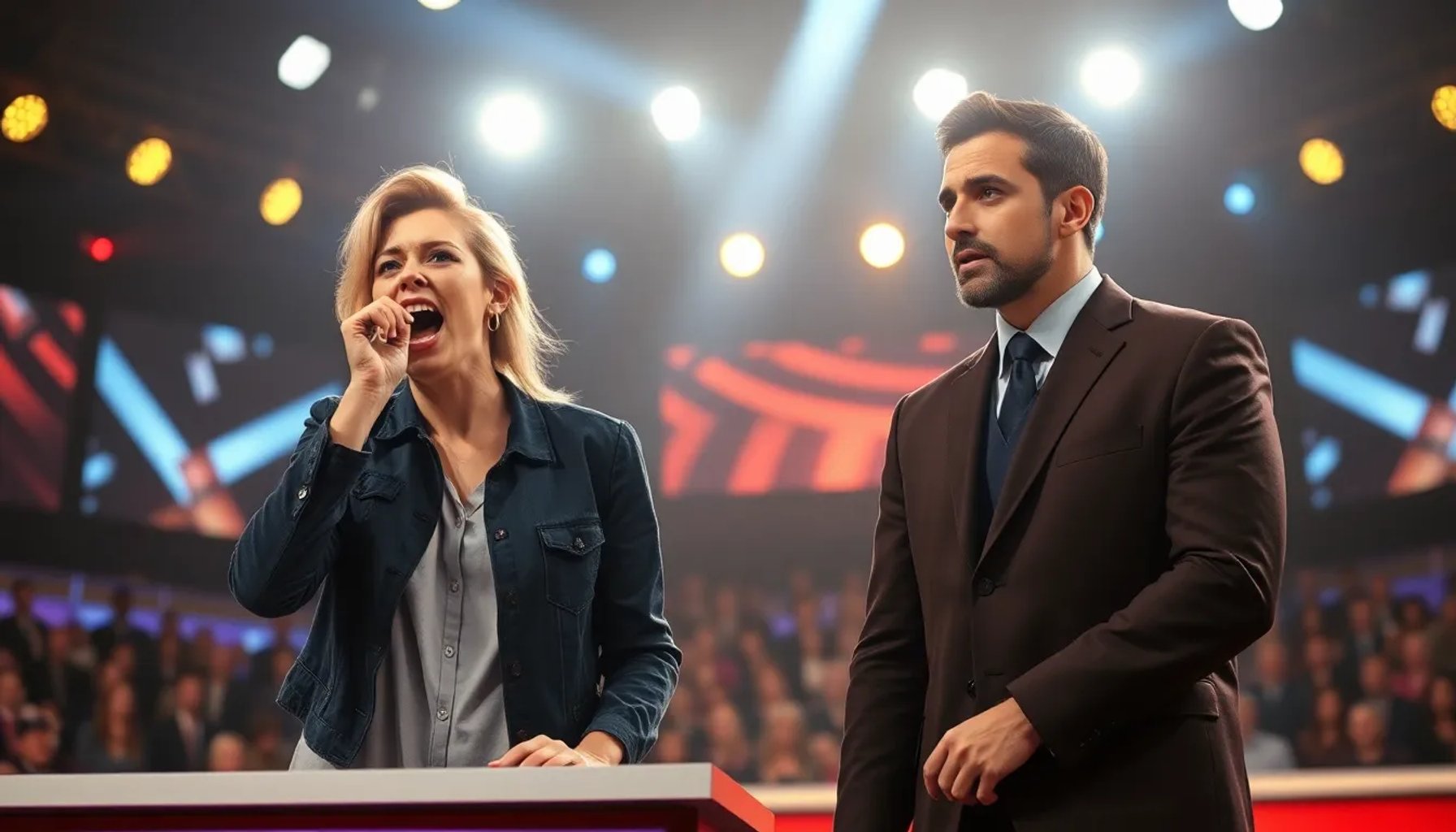 Claudia gritando en el escenario de la gala de Supervivientes mientras Gerard observa sorprendido