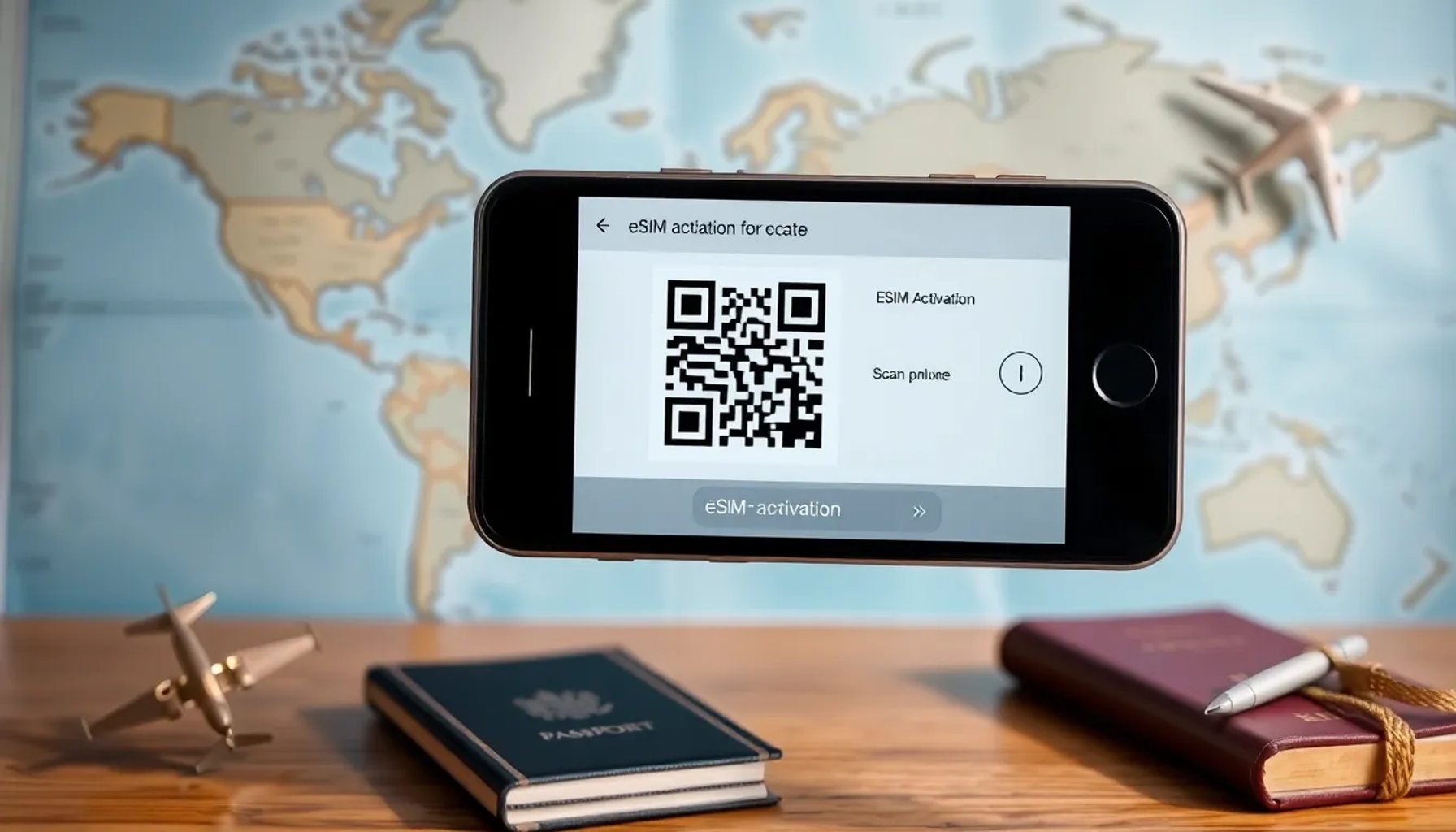 Móvil con pantalla mostrando la activación de una eSIM internacional mientras se viaja