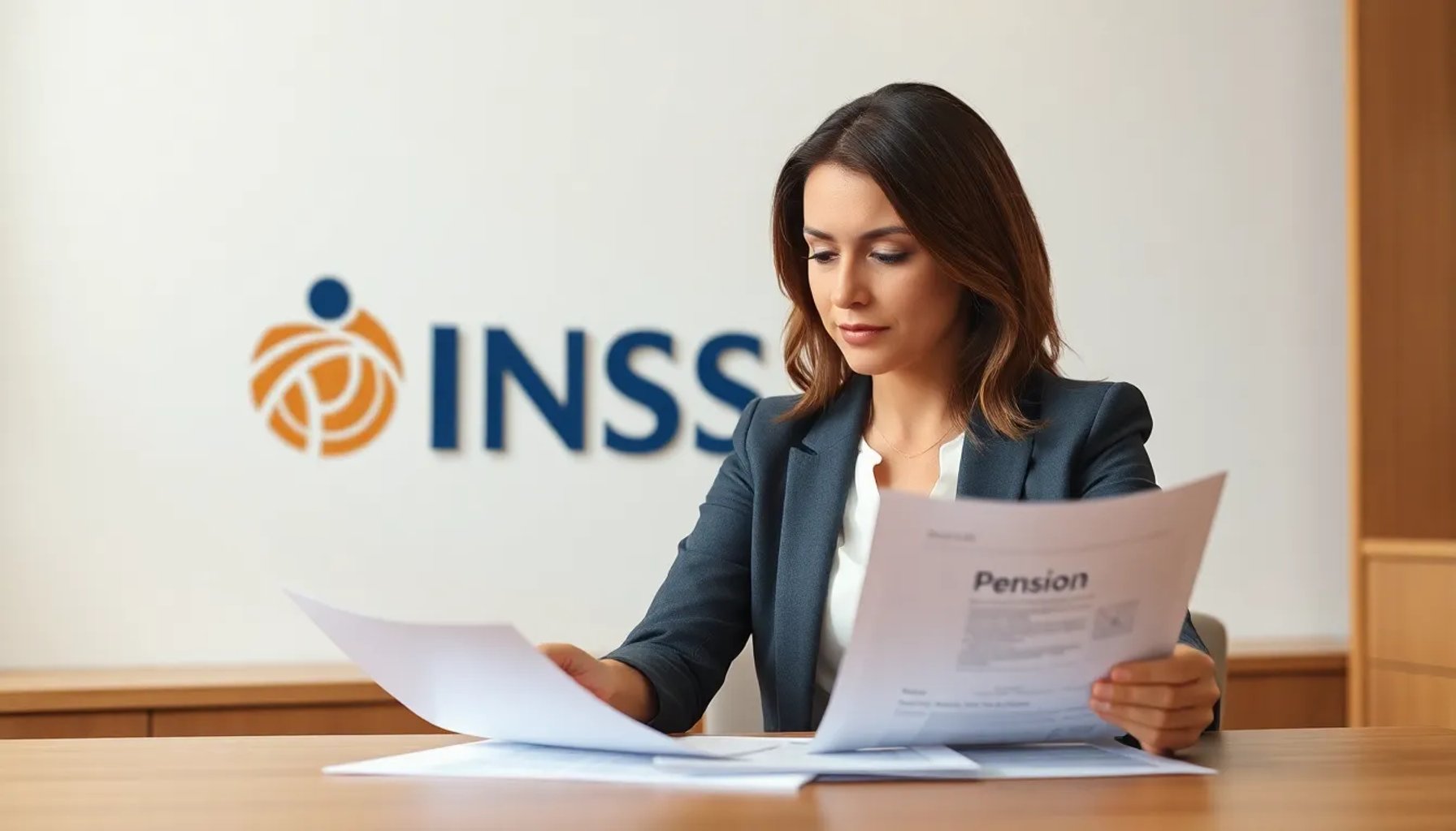 Mujer revisando documentos de pensión con el logo del INSS en fondo