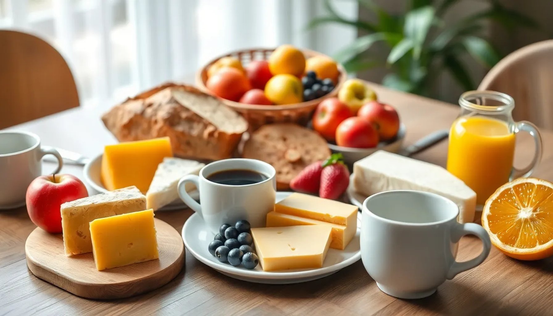 Variedad de quesos frescos y curados sobre una tabla de desayuno saludable