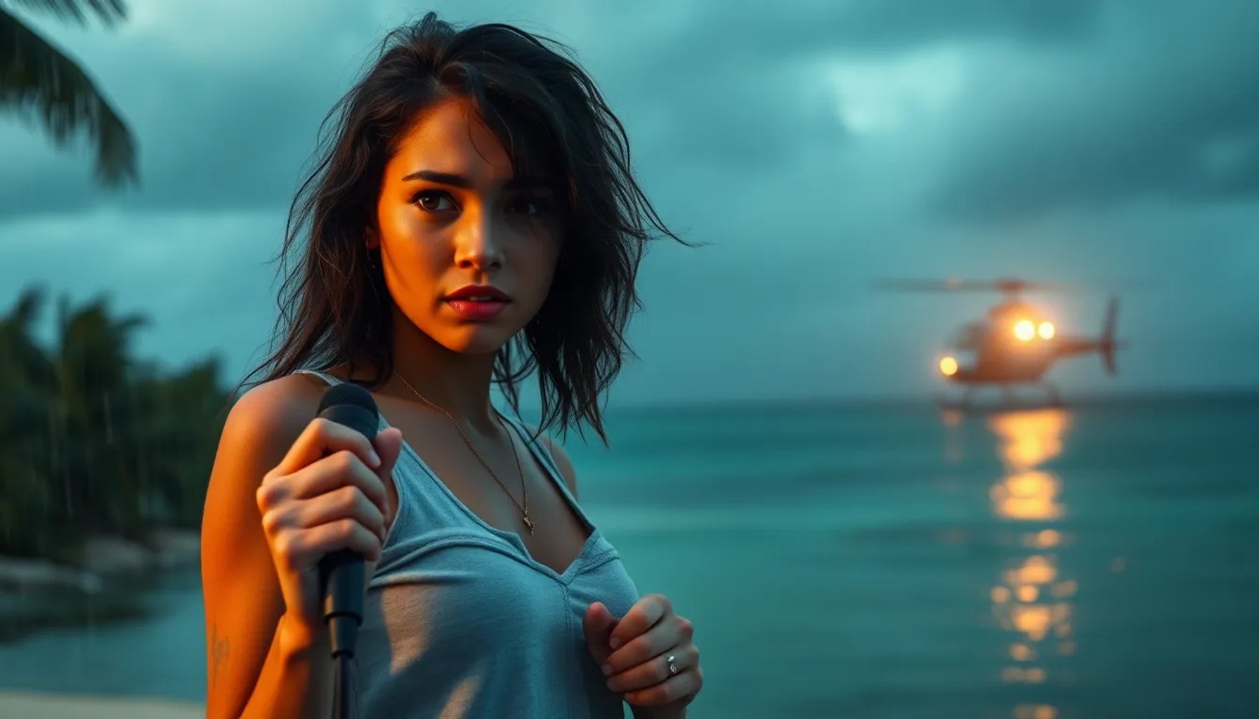 Concursante de Supervivientes 2026 gritando al micrófono bajo la lluvia en la isla