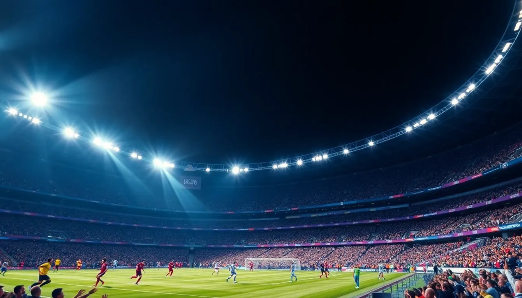 Estadio iluminado durante un partido de cuartos de final de la Champions League 2026, con jugadores en acción y afición vibrante