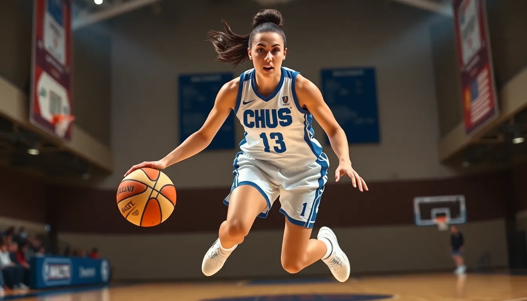 Daniela Di Matteo en acción, driblando y lanzando al aro durante un partido de la FIBA Europe Cup Women con el uniforme de CUS Chieti