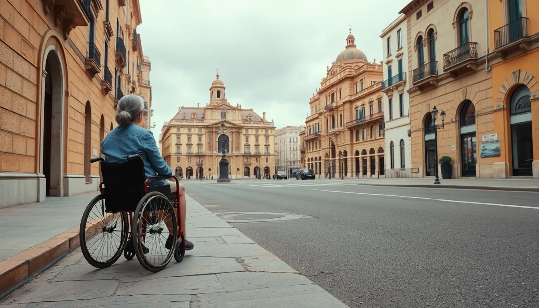 Mujer con muletas frente a una acera agrietada en el centro de Palma, con el Ayuntamiento al fondo
