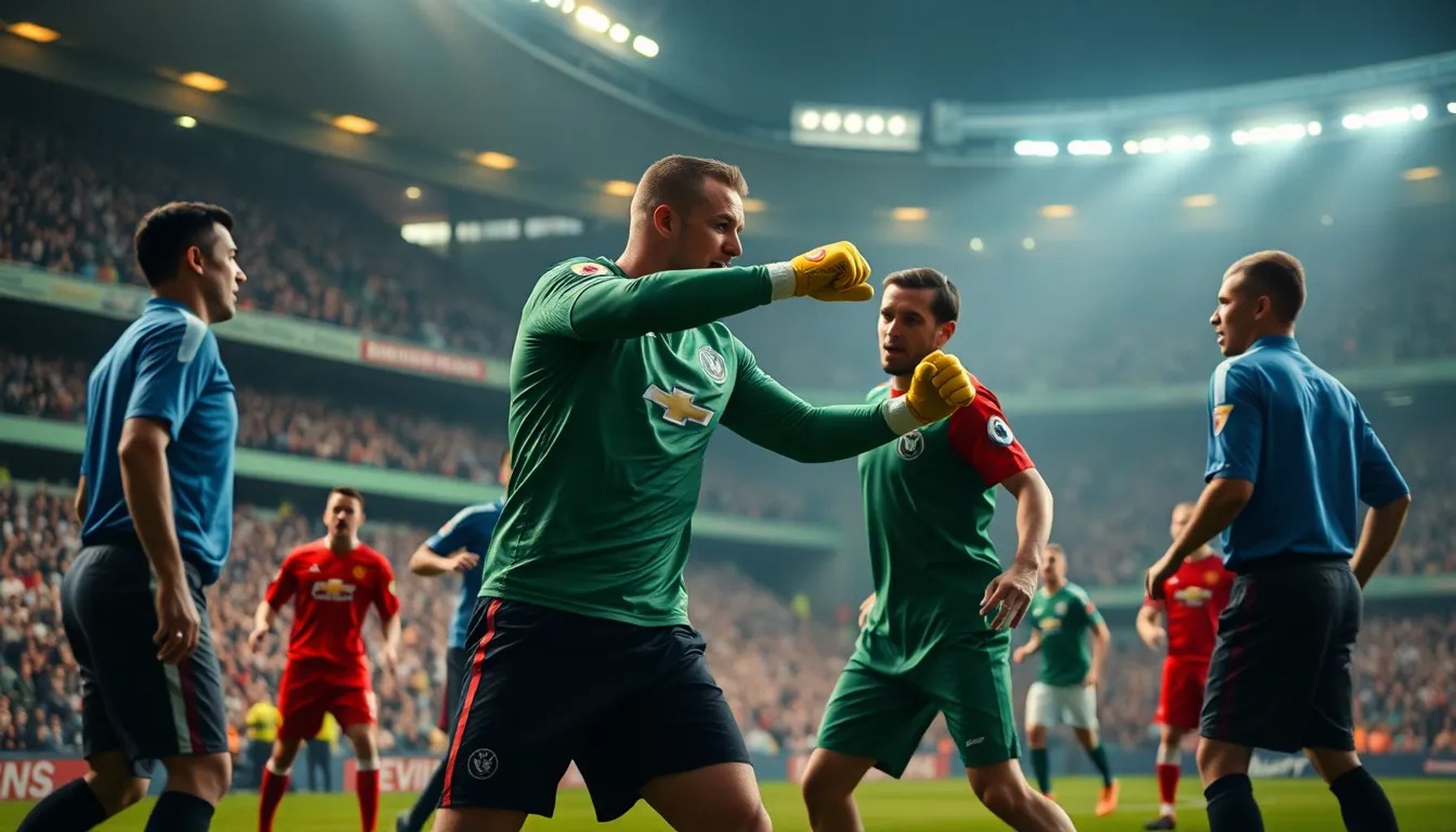 Esteban Andrada lanzando un puñetazo durante el derbi Huesca vs Zaragoza, rodeado de jugadores y árbitros en un estadio lleno de tensión