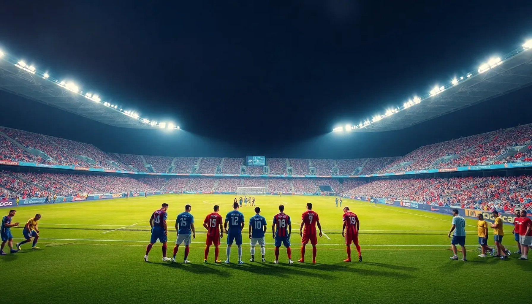 Estadio Monumental Banco Pichincha iluminado al anochecer, con jugadores del Barcelona y Cruzeiro listos para el inicio del partido