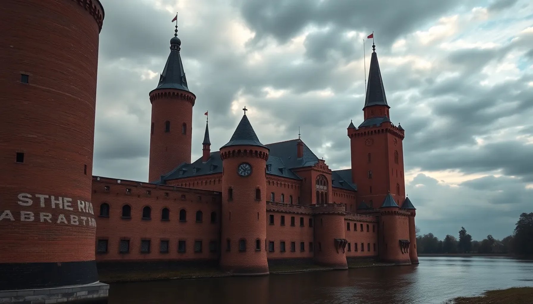 Vista panorámica del imponente Castillo de Malbork en Polonia, rodeado por el río Nogat