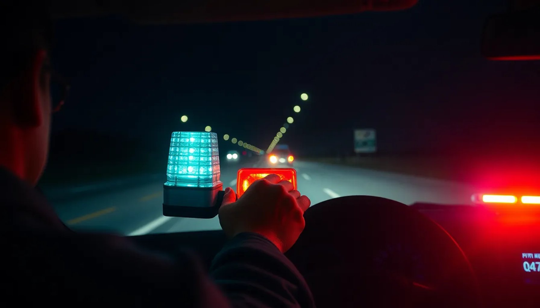 Conductor colocando una baliza de emergencia moderna en la carretera al anochecer