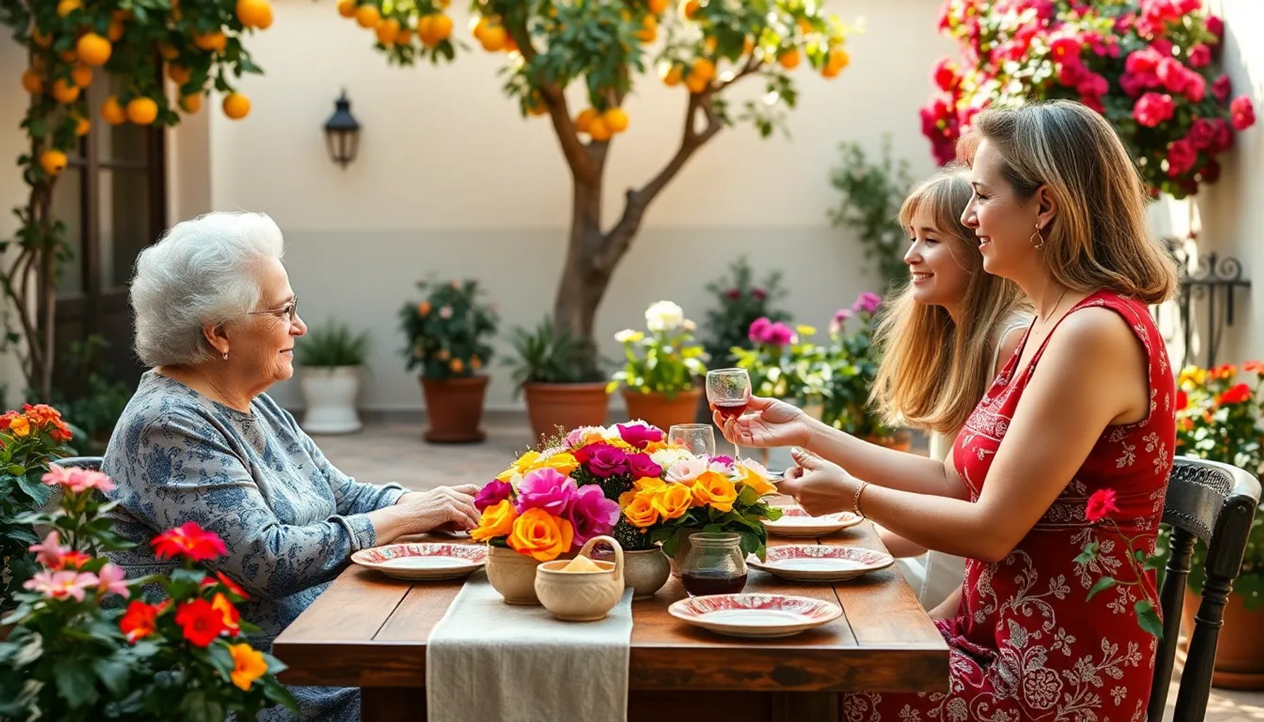 Familia andaluza disfrutando de un almuerzo al aire libre en un patio florecido de Córdoba durante el Día de la Madre 2026