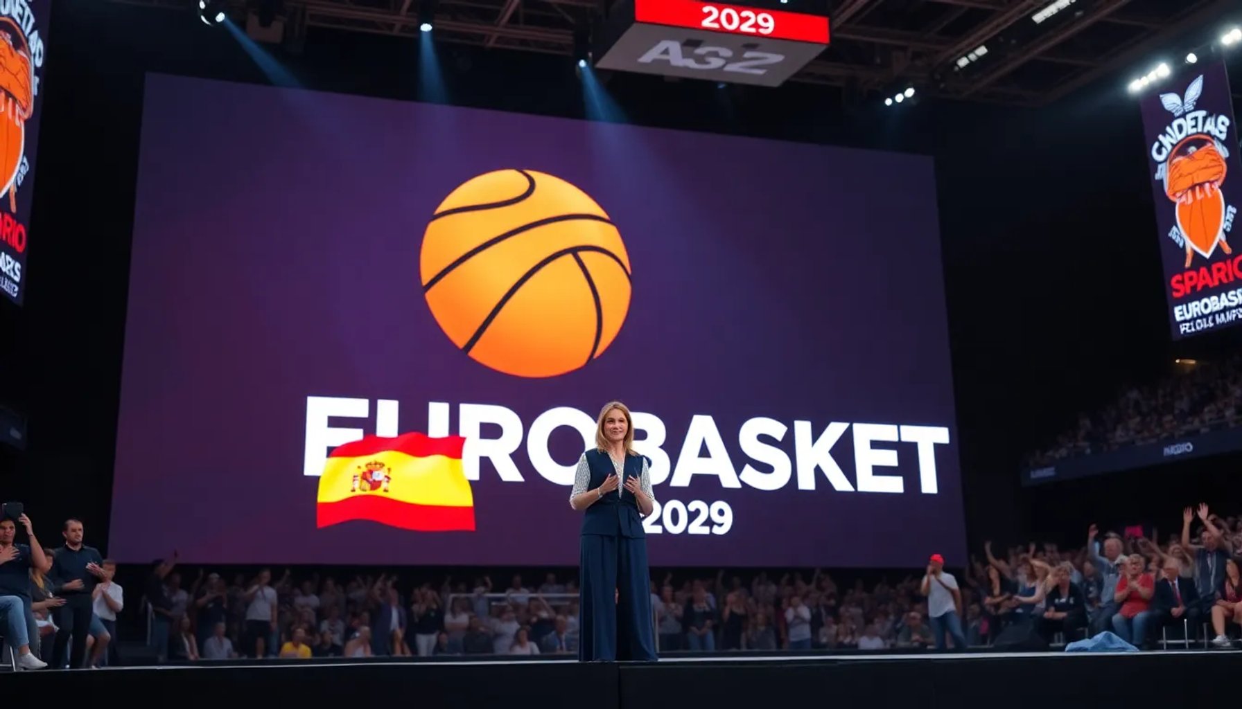 Isabel Díaz Ayuso anunciando el EuroBasket 2029 en Madrid, rodeada de la bandera española y el logo del torneo