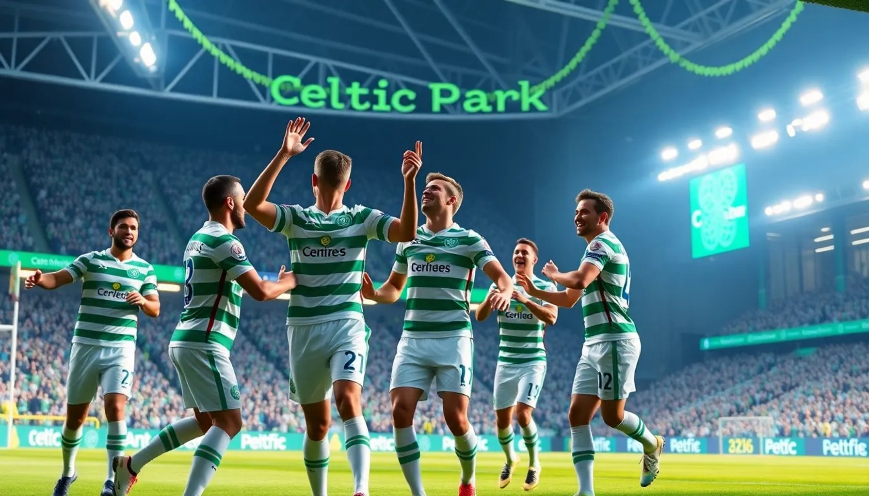 Jugadores del Celtic celebrando un gol en el estadio Celtic Park bajo luces verdes de Pascua