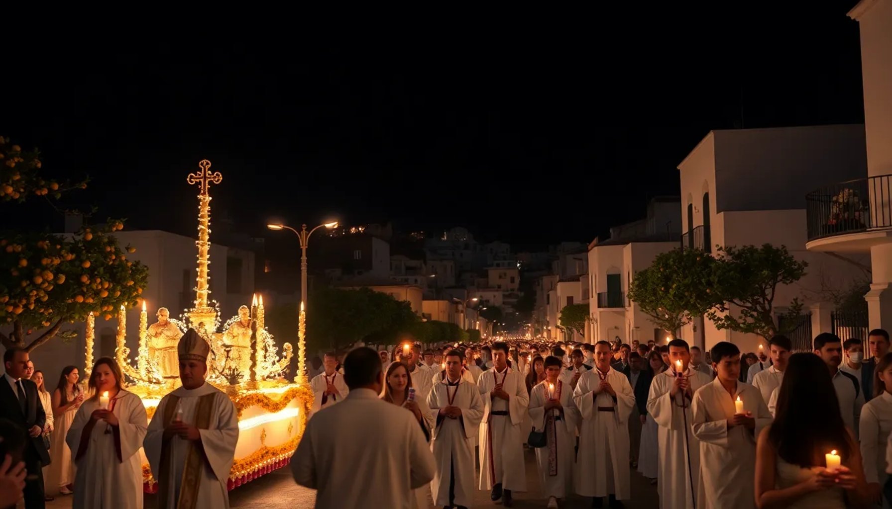 Procesión del Domingo de Resurrección en Mijas con luces y fieles bajo la noche