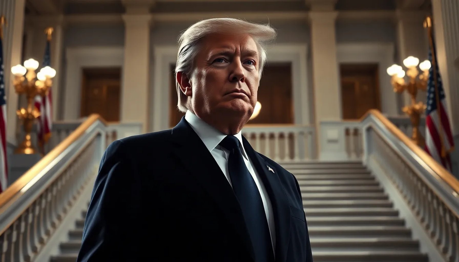 Donald Trump de pie frente a una bandera estadounidense, con expresión desafiante, simbolizando su autoproclamación como imperio