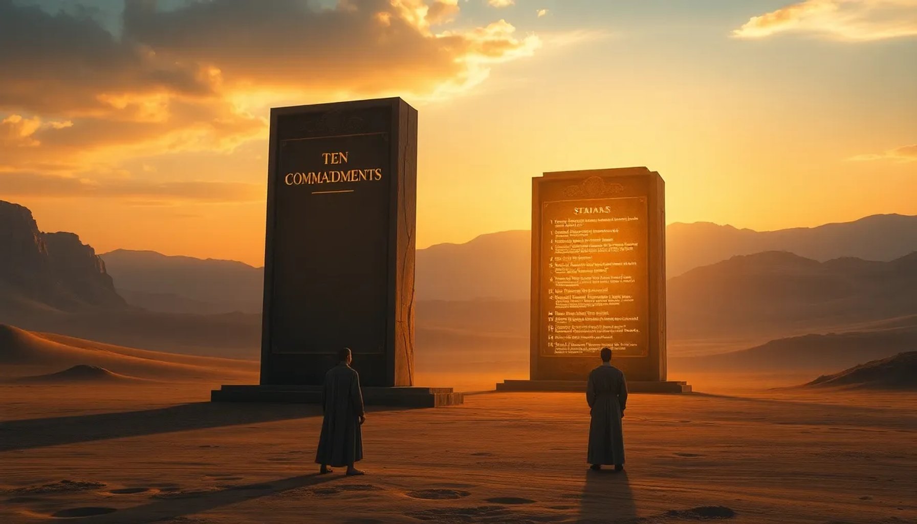 Escena épica de Moisés recibiendo los 10 mandamientos bajo una tormenta de luz en el desierto