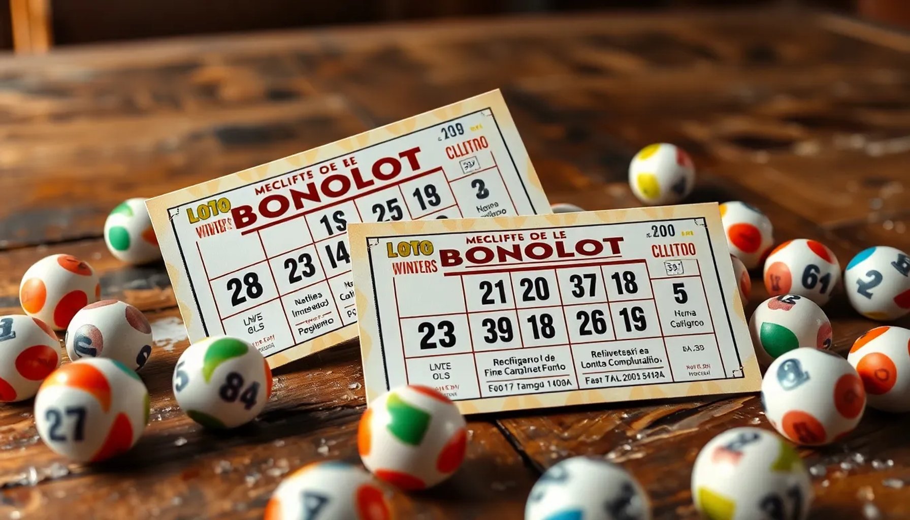 Dos boletos de la Bonoloto premiados sobre una mesa de madera con bolas de lotería y números ganadores visibles