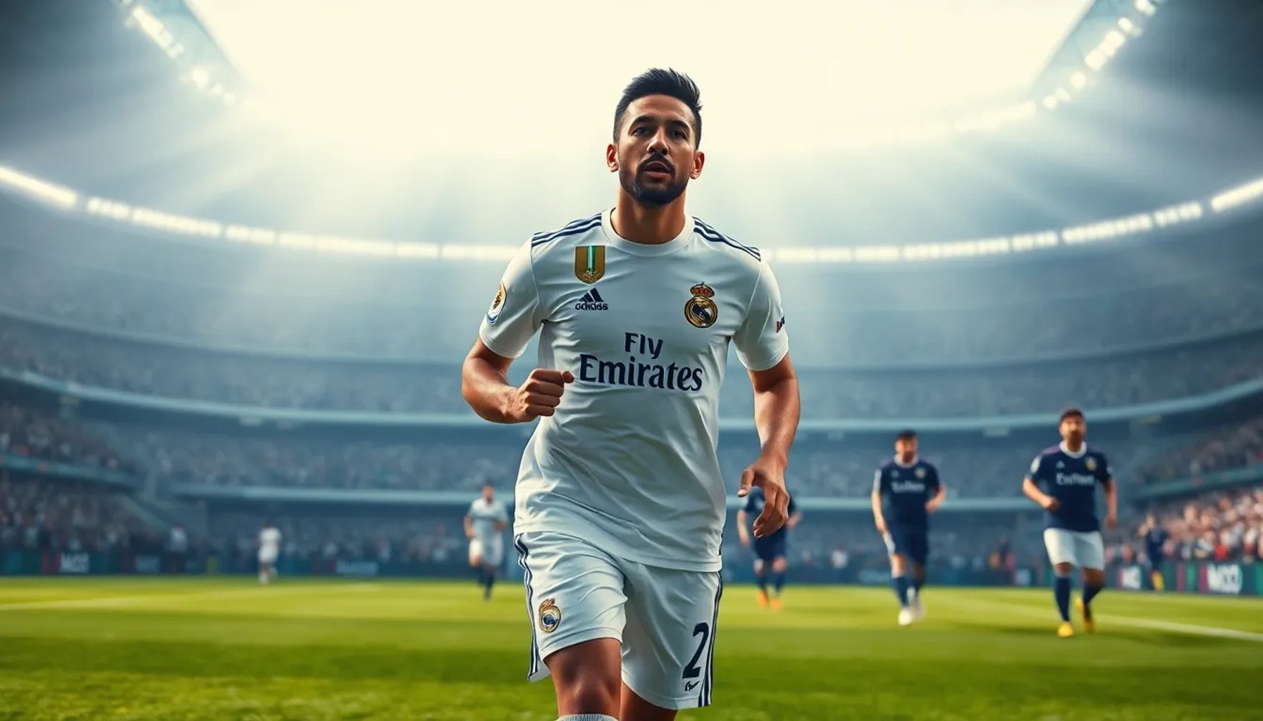 Eder Militao entrando al campo de Son Moix con el uniforme del Real Madrid, rodeado de jugadores del Mallorca