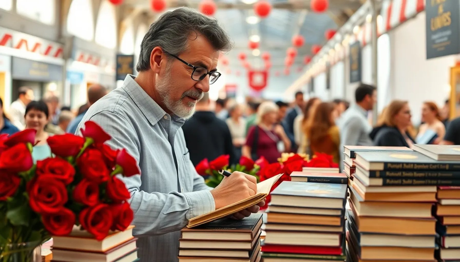 Eduardo Mendoza firmando libros bajo una carpa decorada con rosas y libros en la feria de Sant Jordi, Barcelona 2026