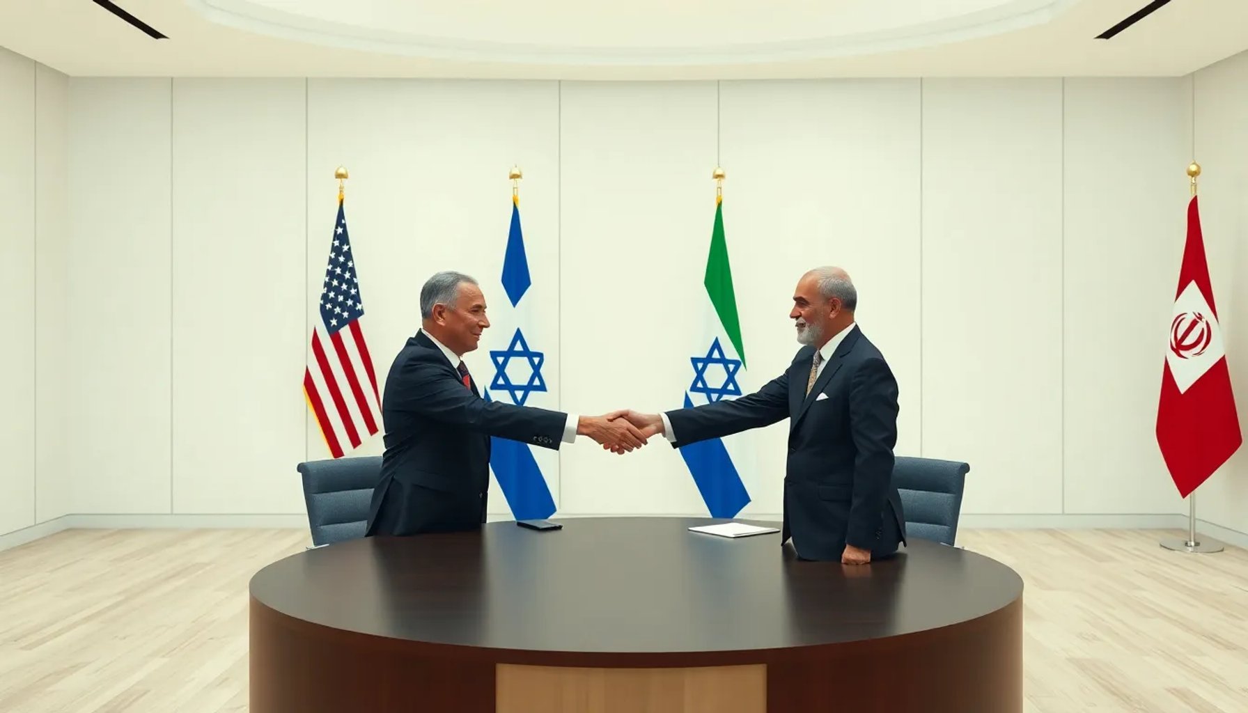 Representantes diplomáticos de EE UU, Israel e Irán firmando un acuerdo de alto el fuego en una sala de conferencias