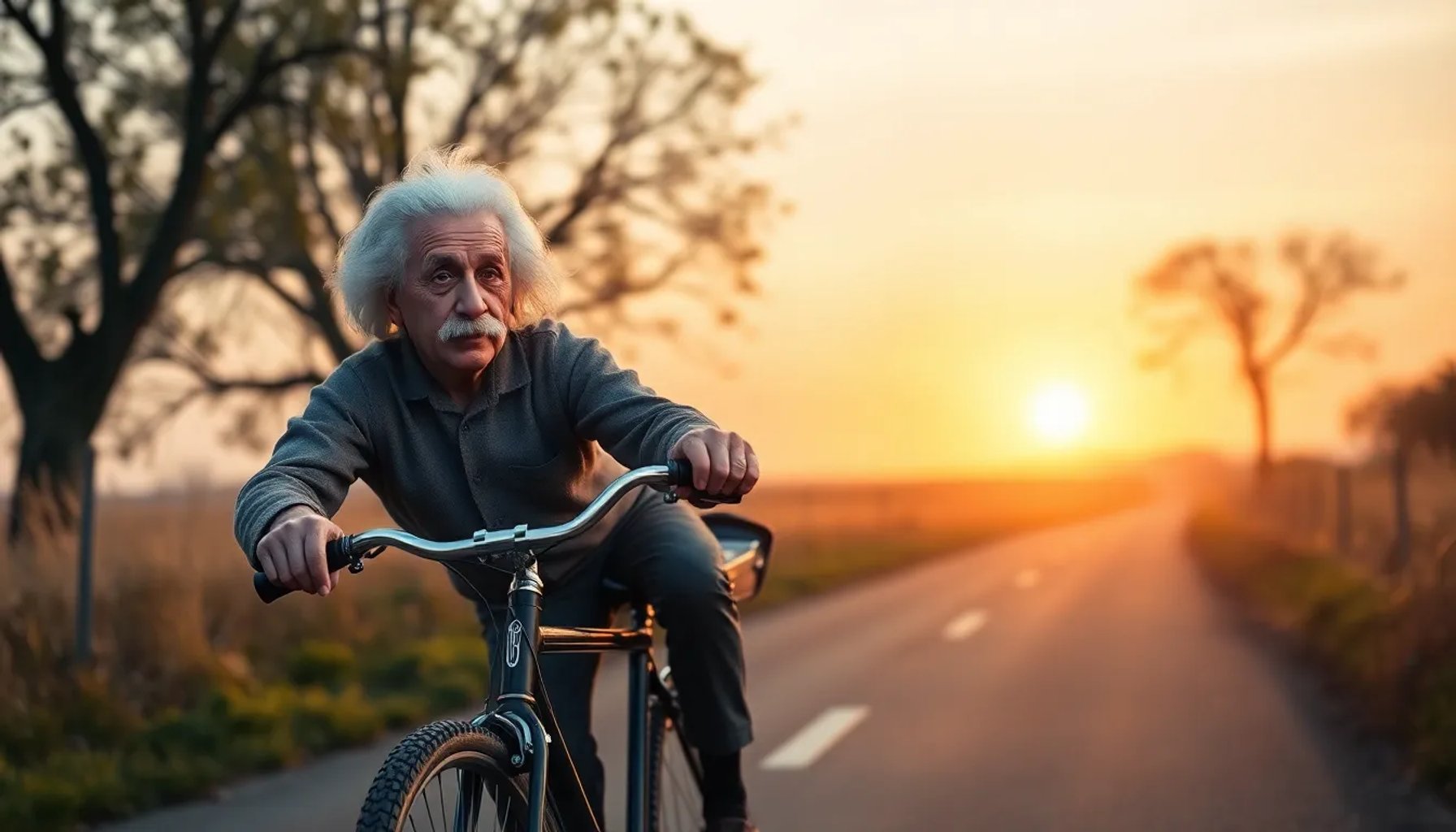 Albert Einstein sentado en una bicicleta vintage, mirando al horizonte con una expresión reflexiva