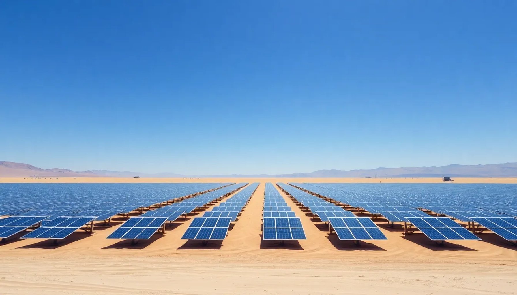 Paisaje de un parque solar en el desierto chileno bajo un cielo azul, con filas de paneles brillantes y montañas al fondo