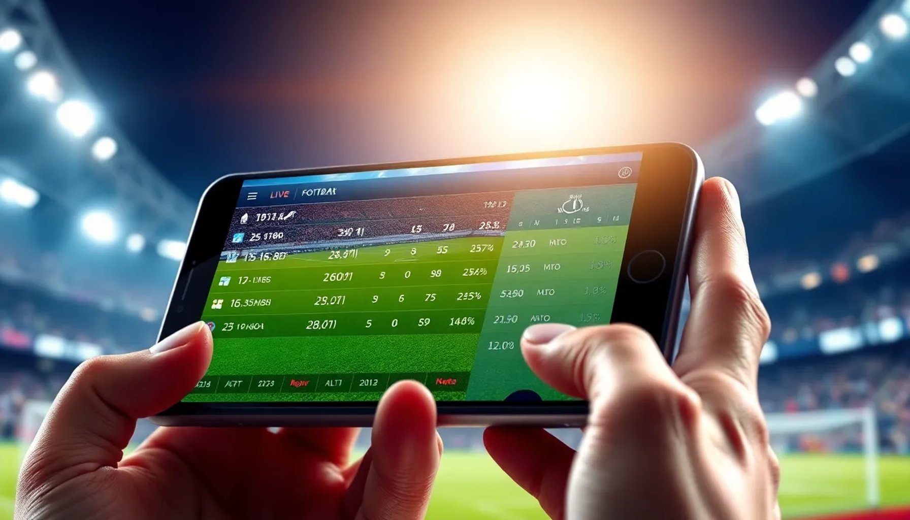 Pantalla de smartphone mostrando estadísticas y probabilidades de un partido de fútbol en tiempo real