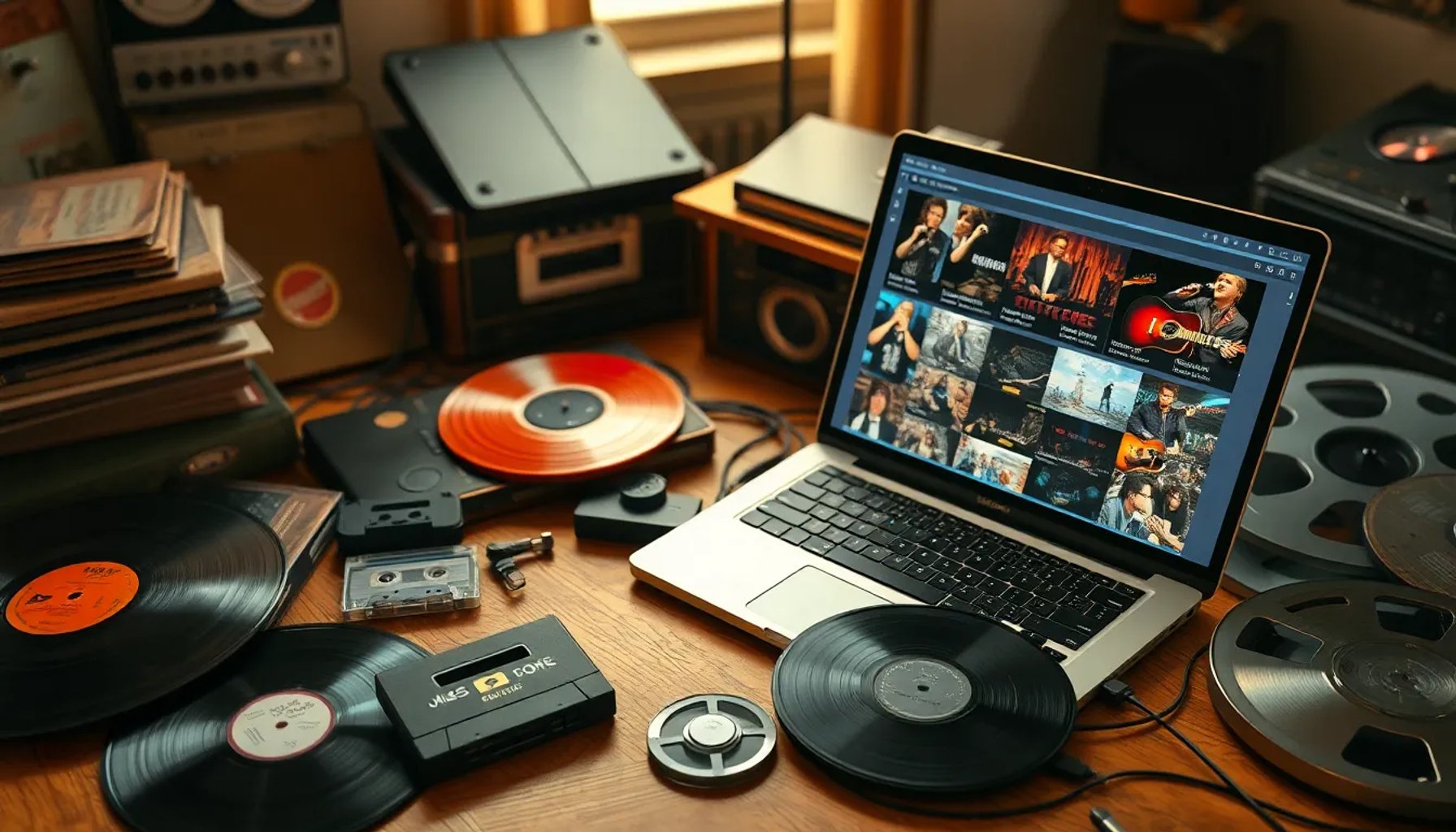 Colección de discos y cintas de audio vintage sobre una mesa, con una laptop mostrando una lista de conciertos de rock en línea