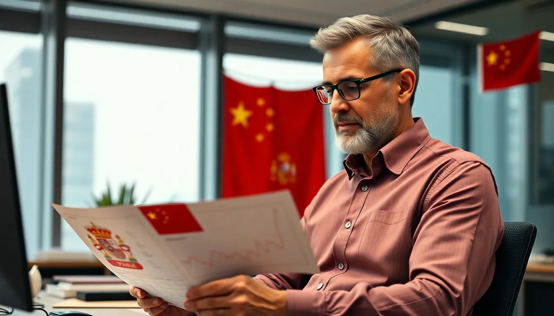 Profesor Sánchez analizando gráficos de comercio entre España y China en una oficina