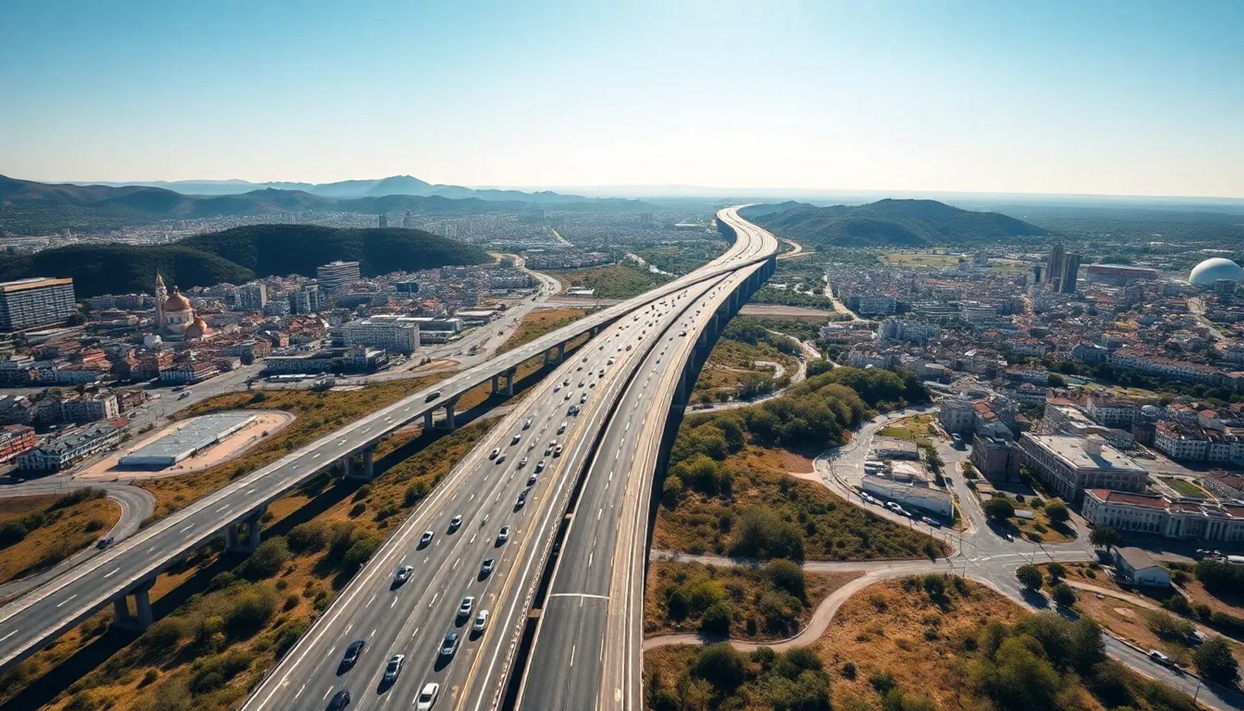 Vista aérea de la autopista A‑42 con tráfico denso entre Madrid y Toledo
