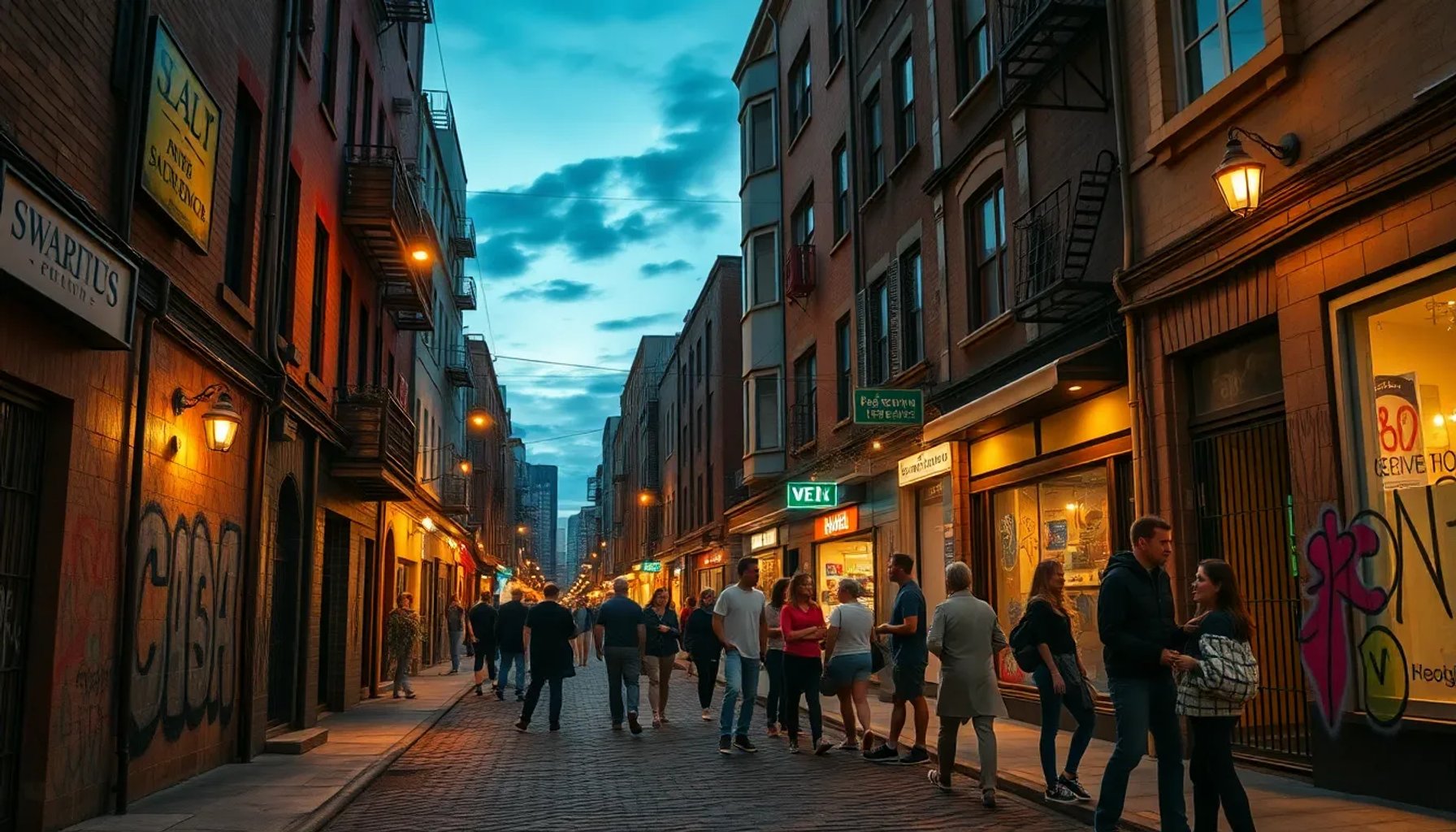 Escena del barrio de la serie Barrio Esperanza con luces de neón y personajes conversando en la calle