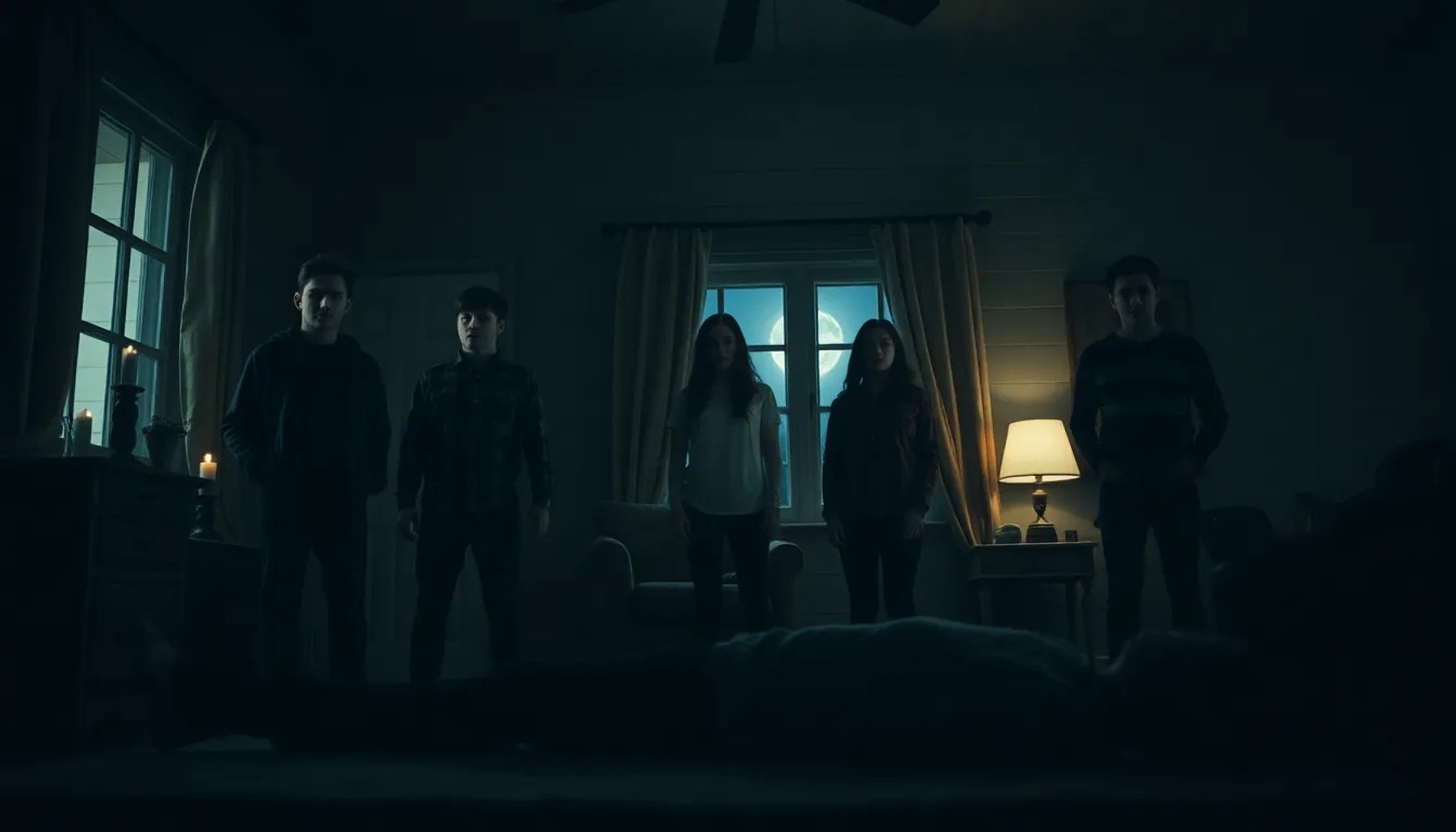 Grupo de amigos tensos en una casa aislada bajo luz tenue, expresiones de sospecha y miedo mientras miran hacia algo fuera de cuadro